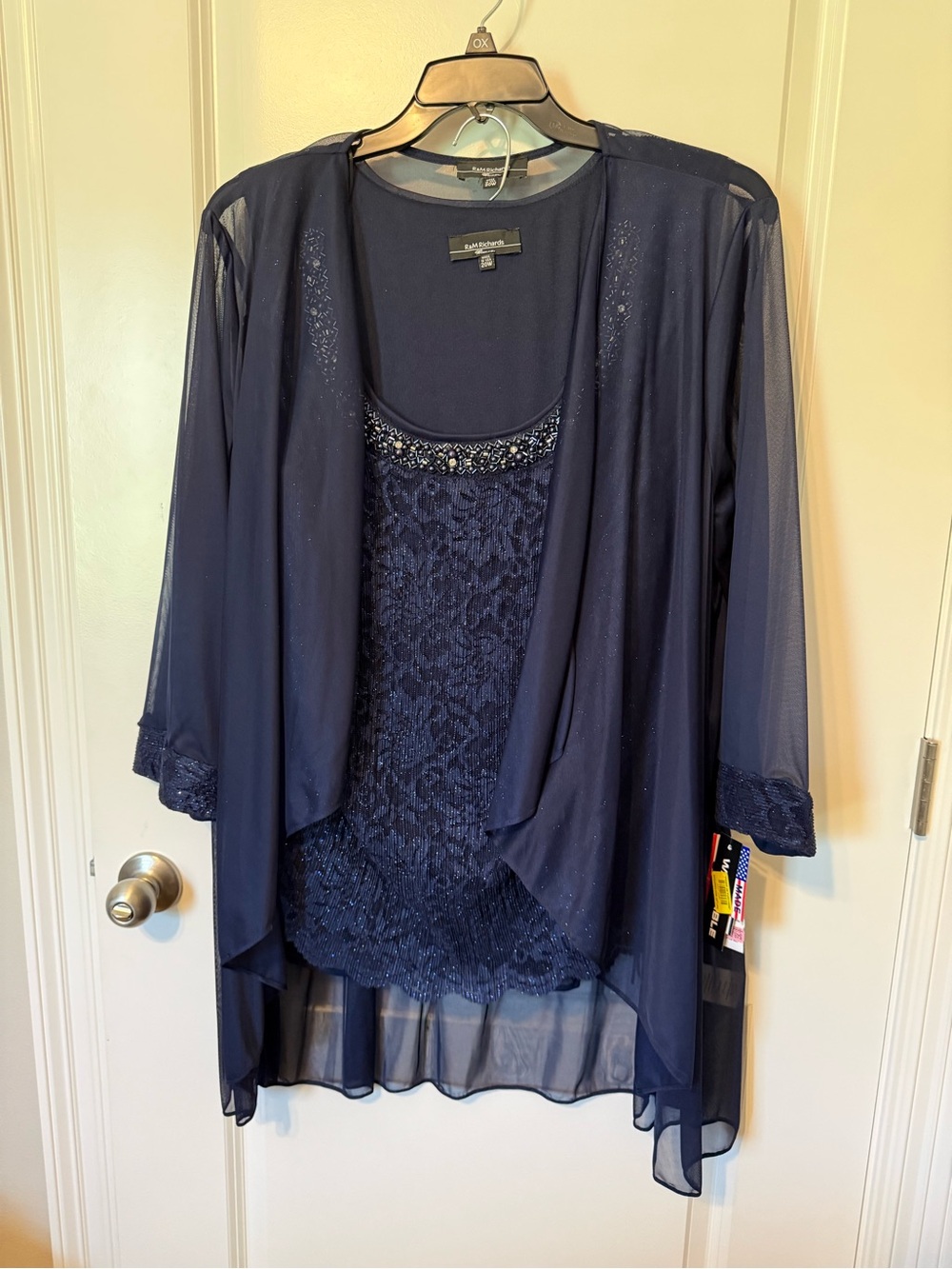 R & M Richards Navy Lace and Chiffon Layered Evening 3 Piece Pantsuit